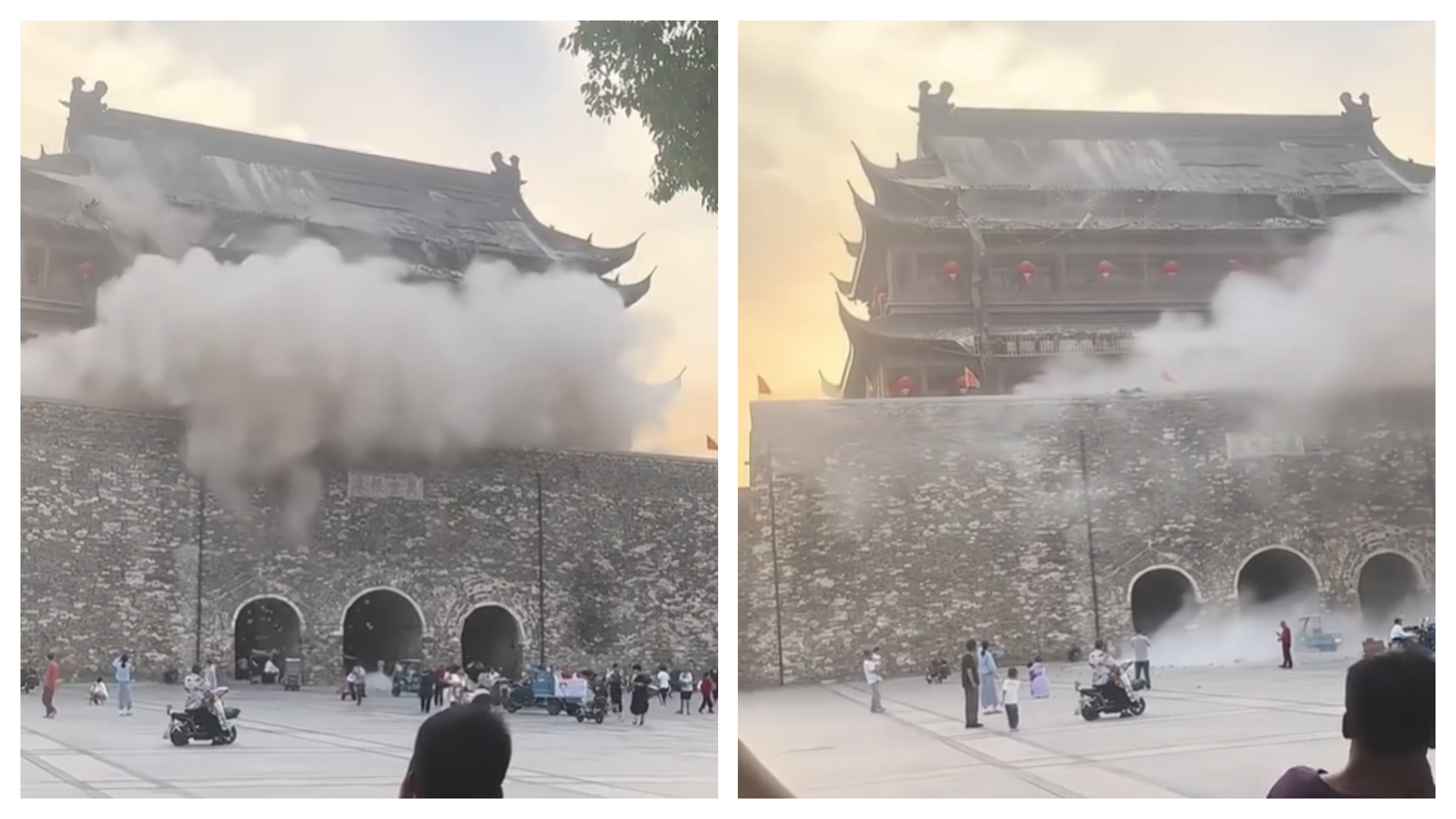 中國安徽鳳陽鼓樓維修工程甫結束1年多,600多年老建築瓦片崩落。(翻攝自微博)