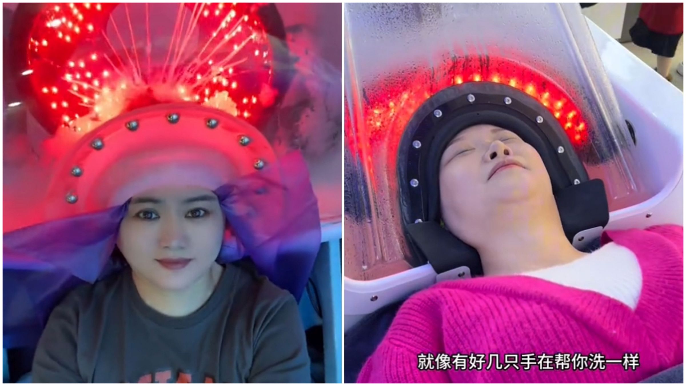 中國掀AI洗頭熱，整顆頭塞進機器全自動洗淨。（翻攝抖音）