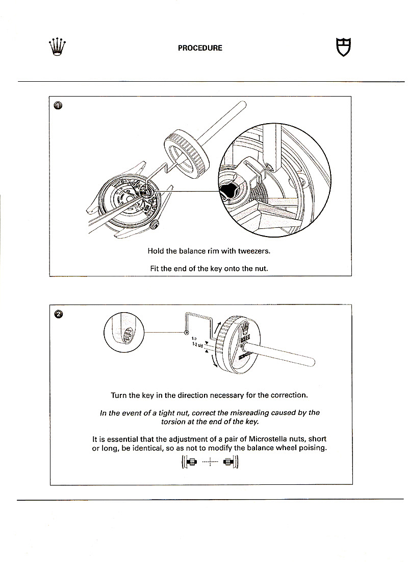 Rolex Microstella 調整示意，透過專用工具精細微調擺輪震盪頻率。
