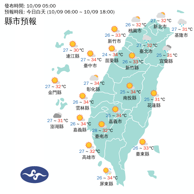 今日各地白天天氣一覽。(翻攝自中央氣象署官網)