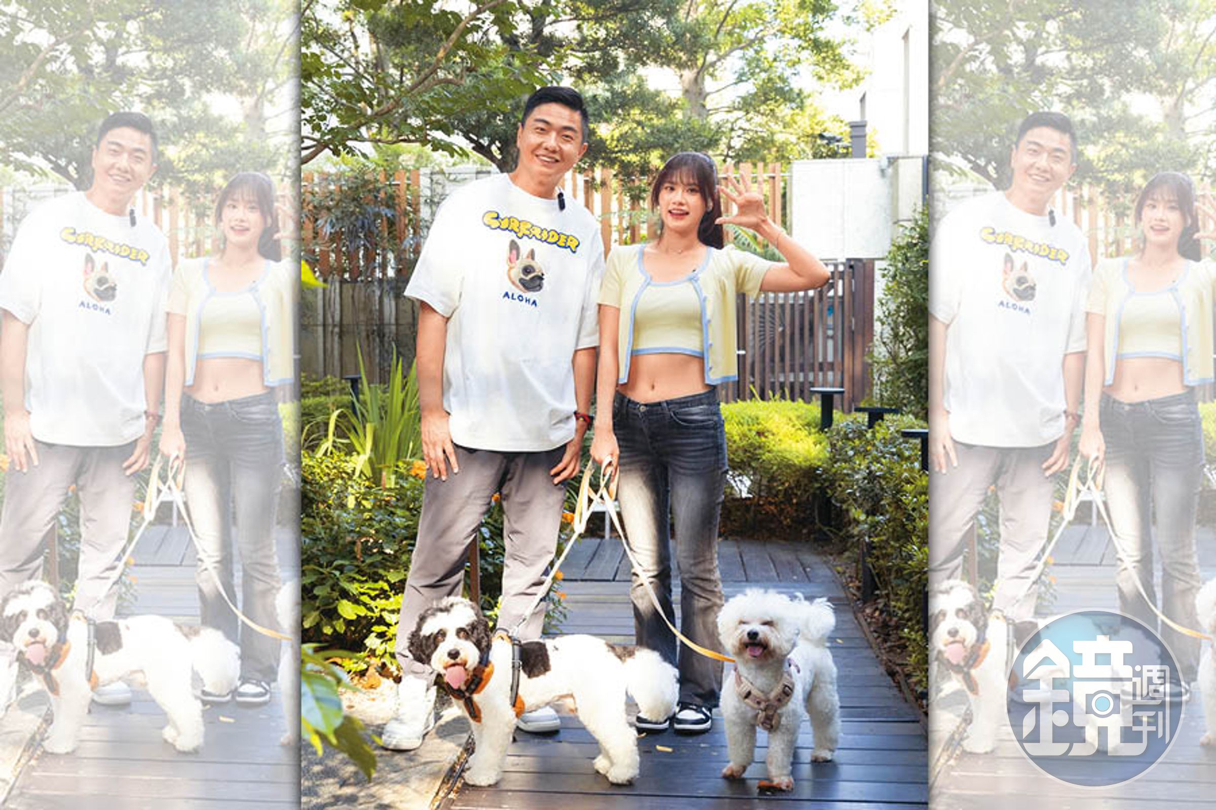 沁沁(後右)跟愛犬Den Den(前右)及TJ(前左)一起上〈熊爸估狗〉,熊爸(後左)對兩隻狗狗的個性與焦慮,提出不少意見。