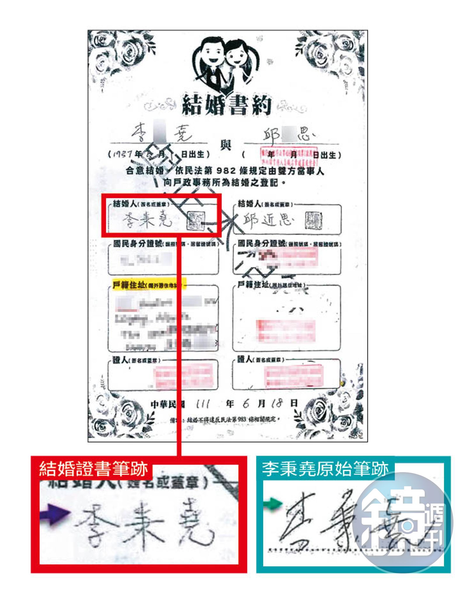 李怡的女兒質疑父親（本名李秉堯）與邱近思的結婚證書簽名（右圖紅框處）有明顯差異。（讀者提供）