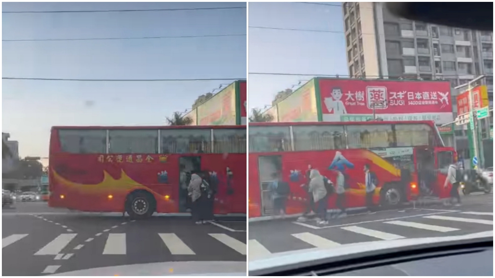 竹北校車「綠燈馬路口」開車門載學生。（翻攝臉書社團「竹北大小事」）