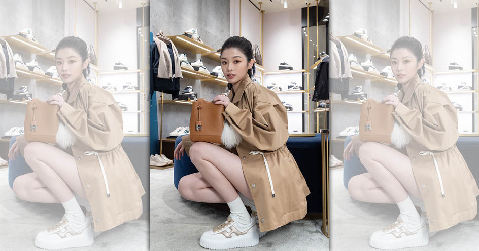 詹子萱示範台灣限定色的H-Stripes白色拼接香檳金logo皮革。NT$23,300（迪生提供）