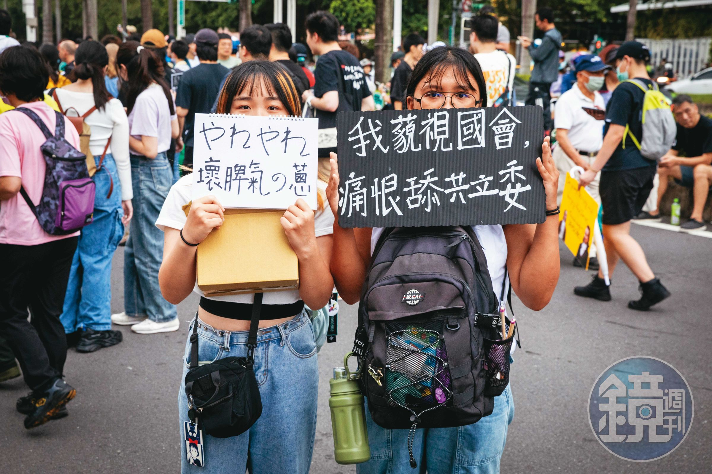 在課金組的支持下，追星族小真（左）特地從花蓮北上，第一次參加街頭運動，她舉的標語「呀勒呀勒壞脾氣的蔥」改編自洗腦神曲〈晚安大小姐〉，抗議強推法案的立委黃國昌。