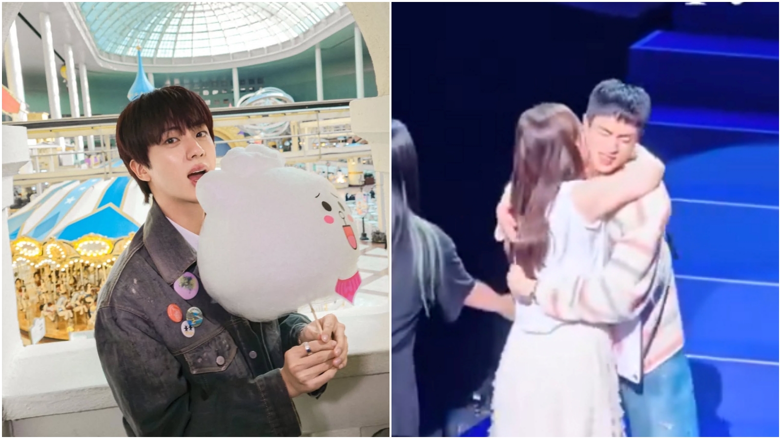 BTS Jin退伍後馬上辦粉絲擁抱會，但遭女粉絲偷親（右圖）。（翻攝IG@Jin of BTS、X）