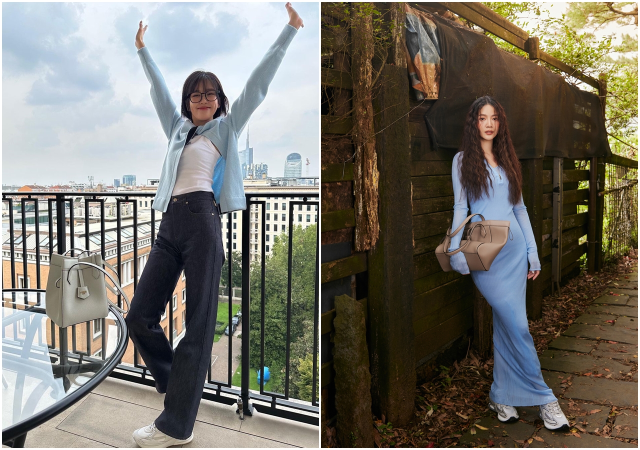 FENDI品牌形象大使安兪真（左）以俐落的白色背心、灰色直筒單寧長褲外搭淡藍色針織衫，休閒look下即是First1運動鞋；曾之喬（右）則的淺藍色貼身長洋裝配上長捲髮非常女神風，腳下的First1則拉近了與粉絲的距離。。（FENDI提供）