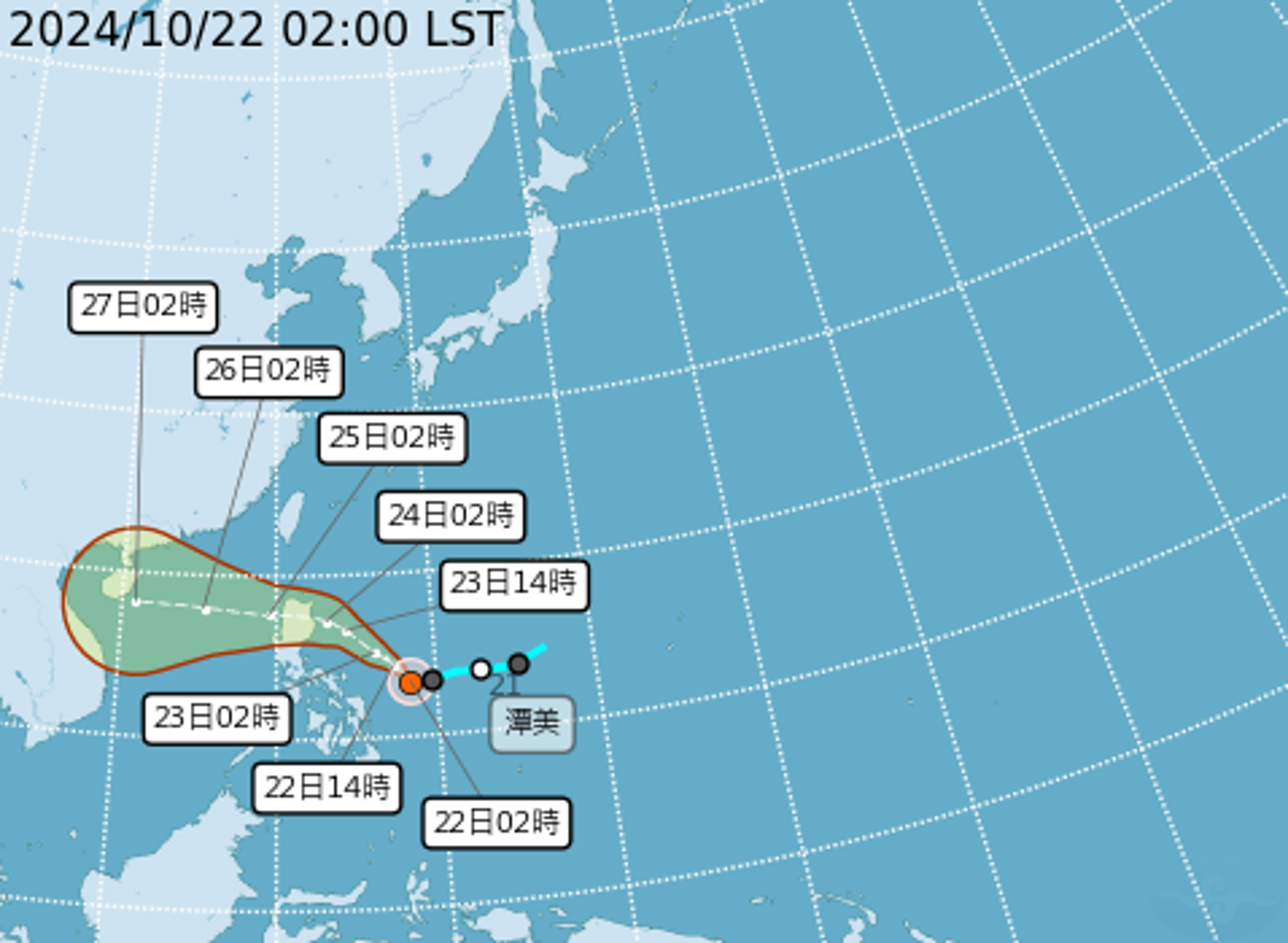 輕颱潭美於今日凌晨2時生成。(中央氣象署提供)