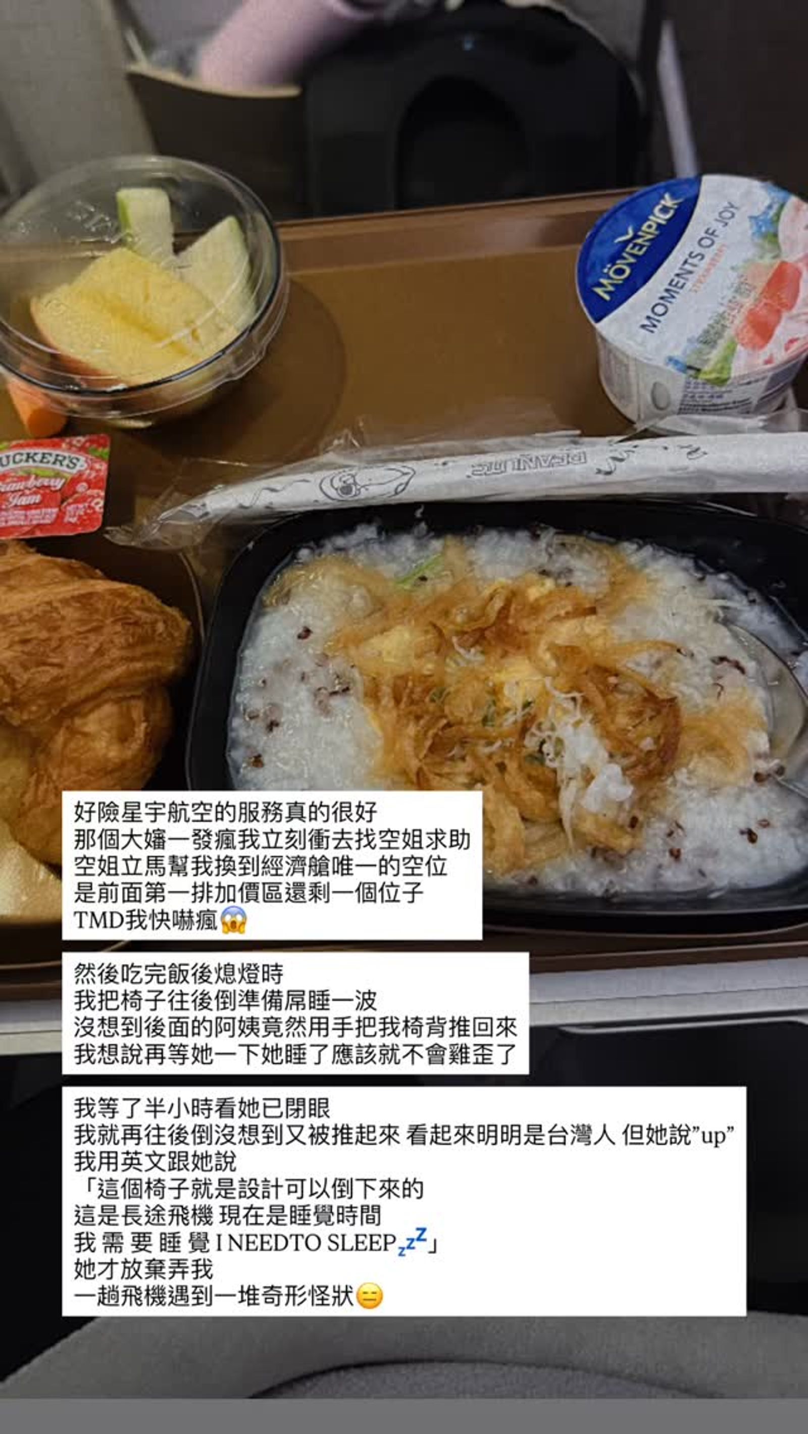 愛莉莎莎搭12小時長途飛機出國「避難」，她在IG上分享自己在飛機上遇到的鳥事。（翻攝自愛莉莎莎IG）