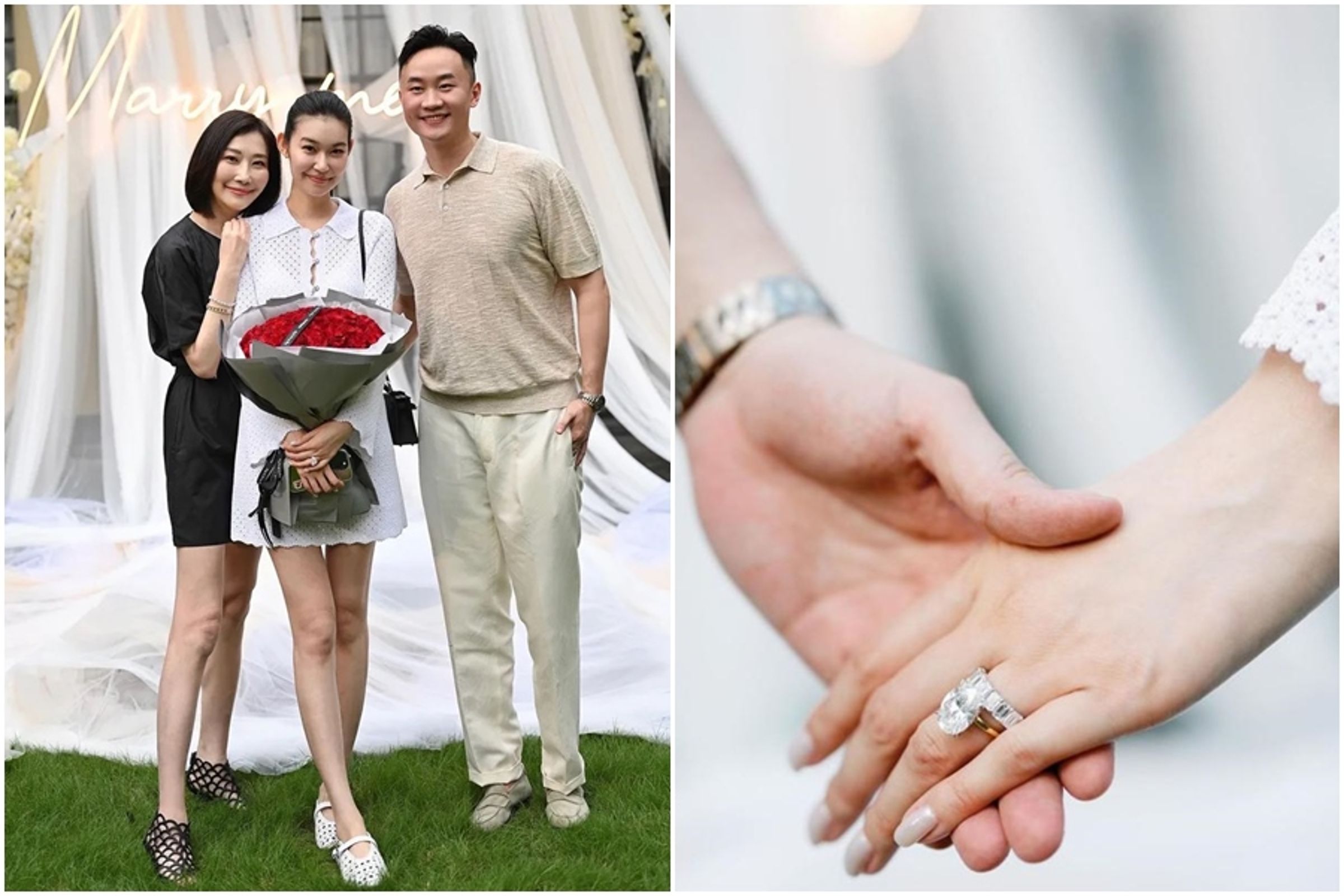 錢德月和愛女及未來女婿合照;錢德月女兒曬出巨大鑽戒。(翻攝自錢德月臉書)