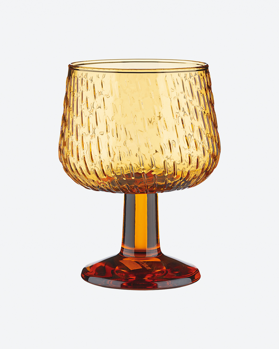 Marimekko Syksy玻璃系列琥珀金雨滴觸感高腳玻璃杯。	NT$1,790／250ml。（俊思提供）