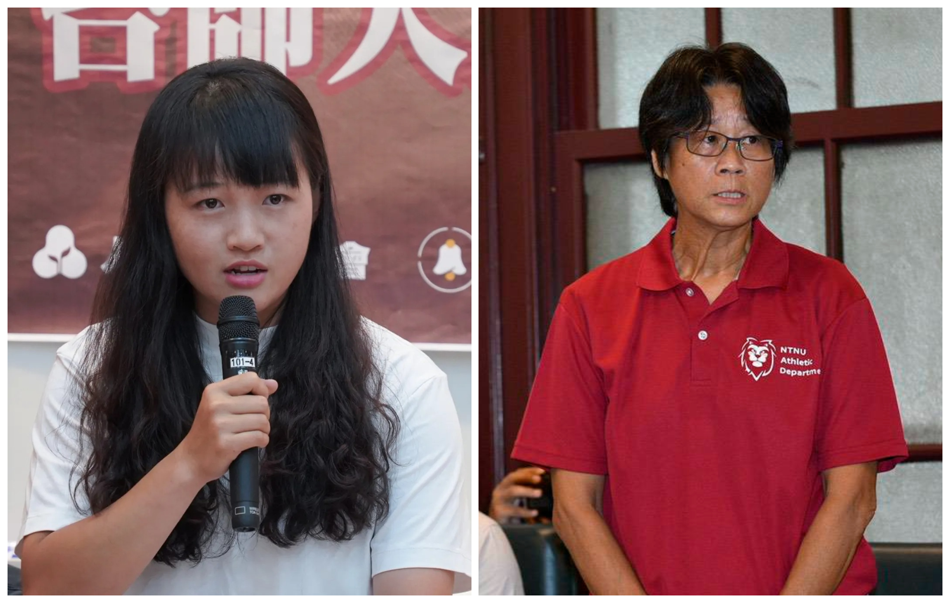 簡奇陞（左）日前出面揭露，教練周台英（右）長期要求女足學生高頻率抽血，周英台今在記者會上道歉。（翻攝范雲臉書、鏡報李智為攝）