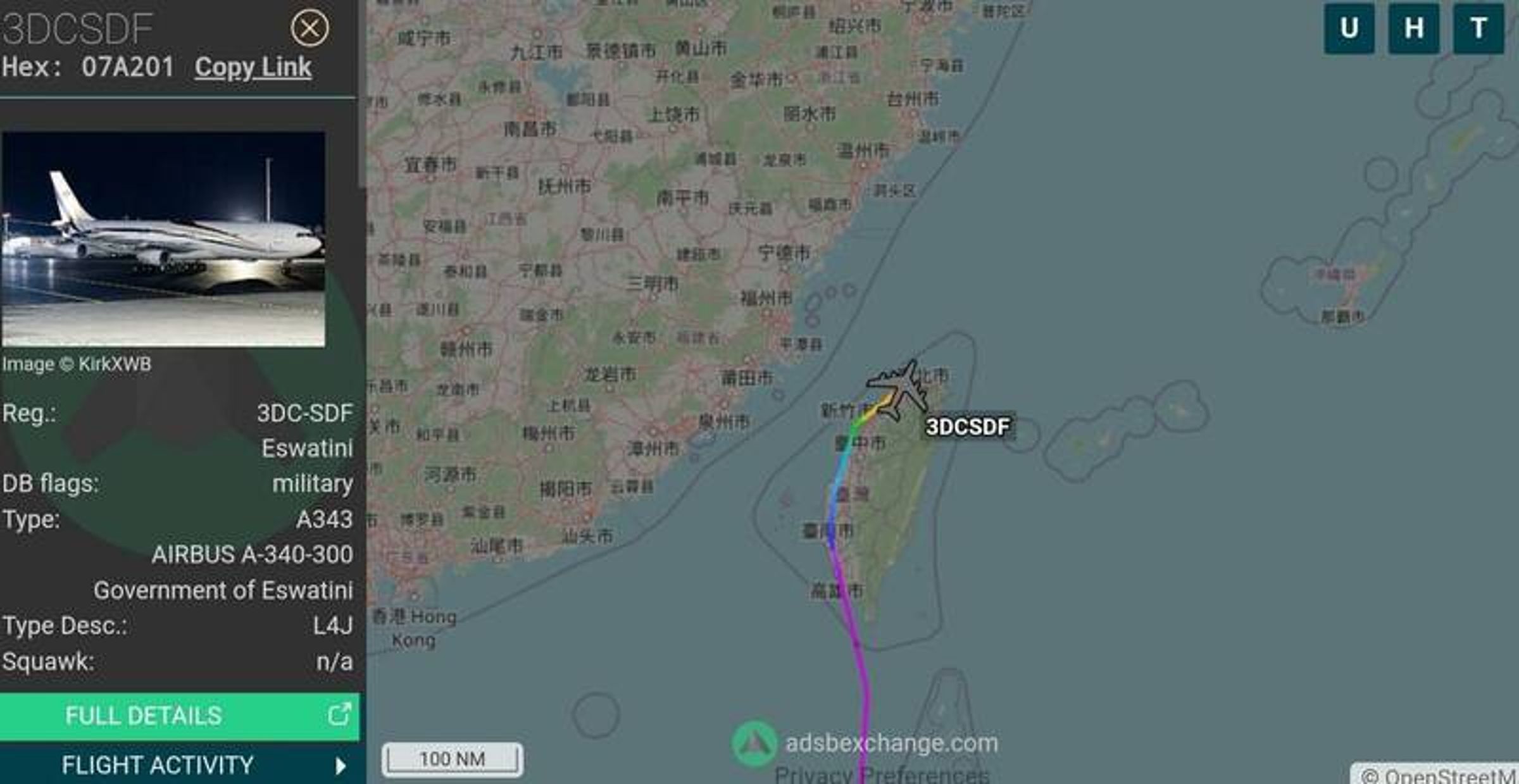 據即時航班追蹤平台資訊，一架隸屬於史瓦帝尼政府（Government of Eswatini）的空中巴士A340-300專機4月30日飛抵台灣。（圖擷取自Ｘ平台@MenchOsint）