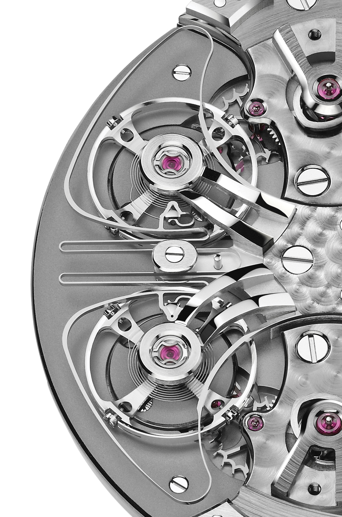 Armin Strom的共振結構具備一項專利：共振離合彈簧（Clutch Spring）。這個彈簧具備兩大功能，一是機械連結兩枚獨立擺輪，二是可視化共振狀態。當擺輪進入反相位共振時，彈簧會產生微妙的往復振動，象徵兩枚擺輪互相「拉動」以保持同步。