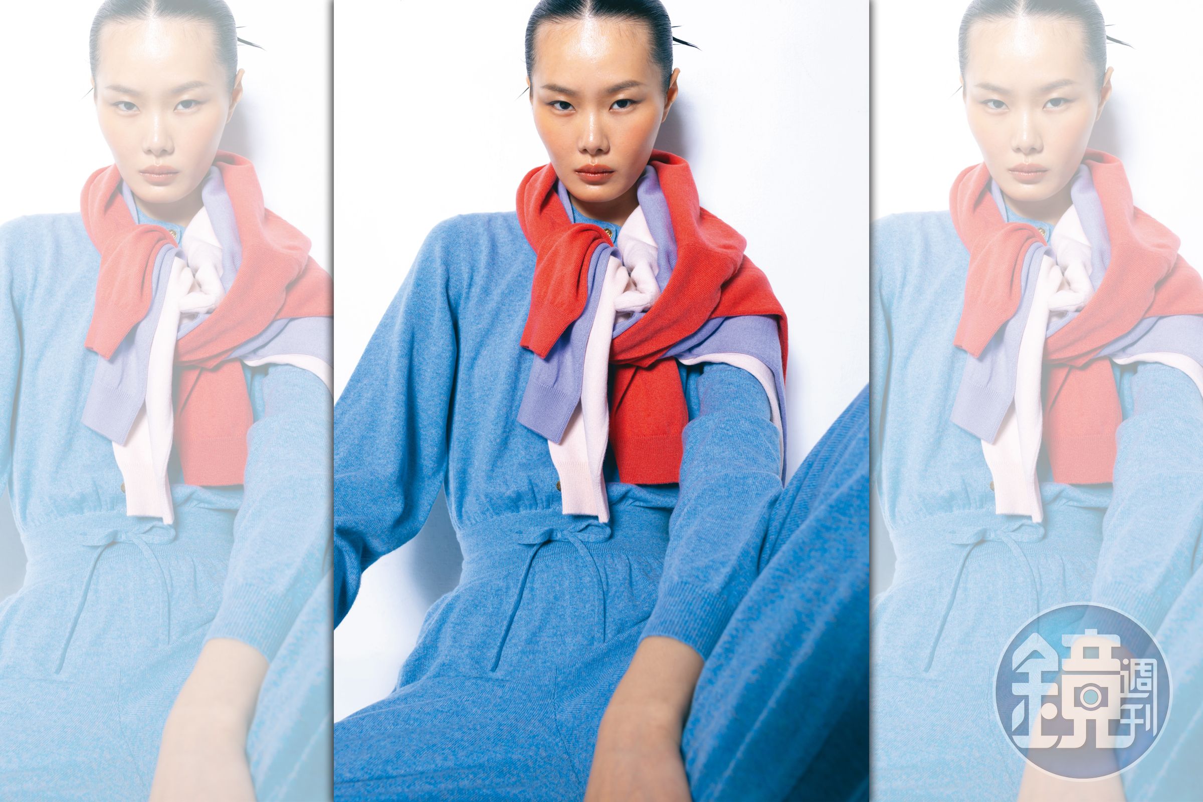 燕麥色classic polo衫 NT$70,200、薰衣草色圓領喀什米爾衫 NT$53,800、橘紅色圓領喀什米爾衫 NT$53,800、靛藍色喀什米爾連身褲 價格店洽 all by Loro Piana