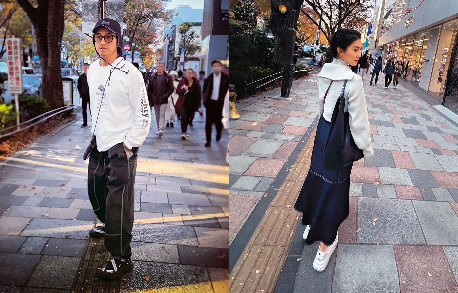 不久前王少偉（左圖）與許藍方（右圖）公開日本照片，除了穿著情侶裝色系外，後面的風景也是一模模一樣樣。看來被爆分手的兩人又回到穩交狀態。（翻攝自許藍方IG、王少偉IG）