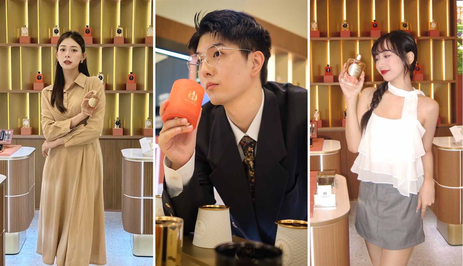 「大學OK啦」與「中學頭條」幾位人氣網紅（由左至右）林千涵、孔宥鈞、涂又儀特別盛裝打扮，到ATKINSONS阿特金森專櫃體驗這來自歐洲皇室的香氛，深受吸引！