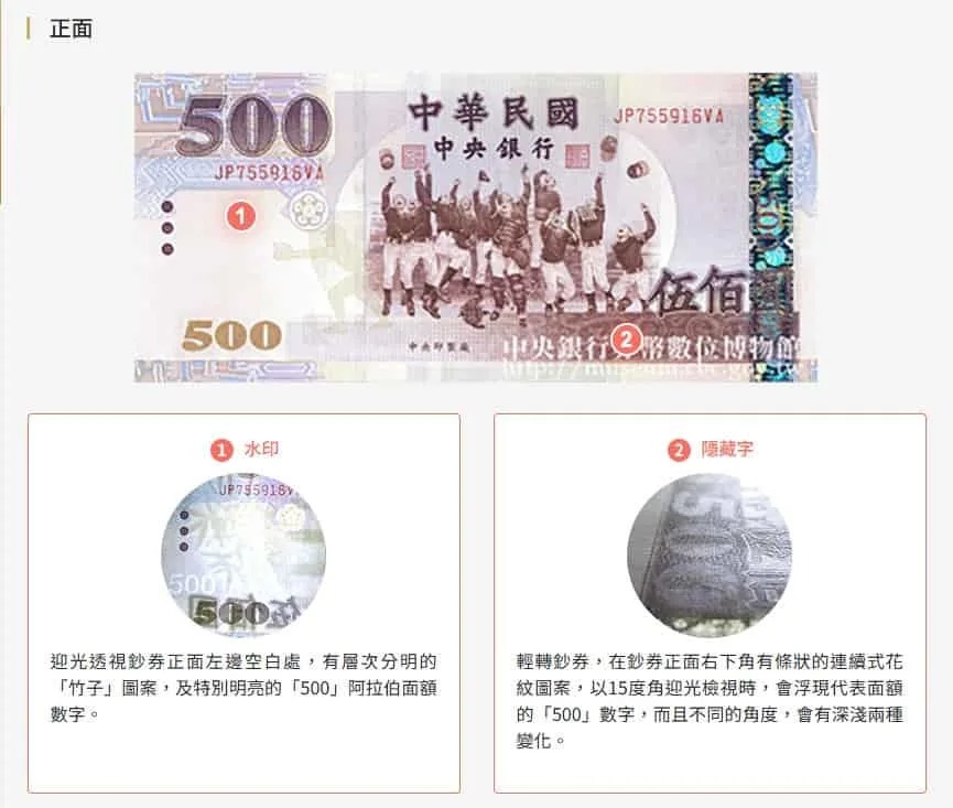 央行說明如何辨識紙鈔真偽口訣「看一看」「摸一摸」「轉一轉」。(翻攝自中央銀行券幣數位博物館)
