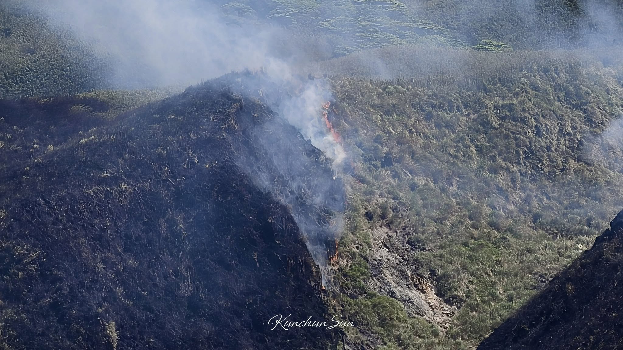 陽明山小油坑步道區今日發生火警，火勢已與稍早順利撲滅。（翻攝臉書社團「發現陽明山」）