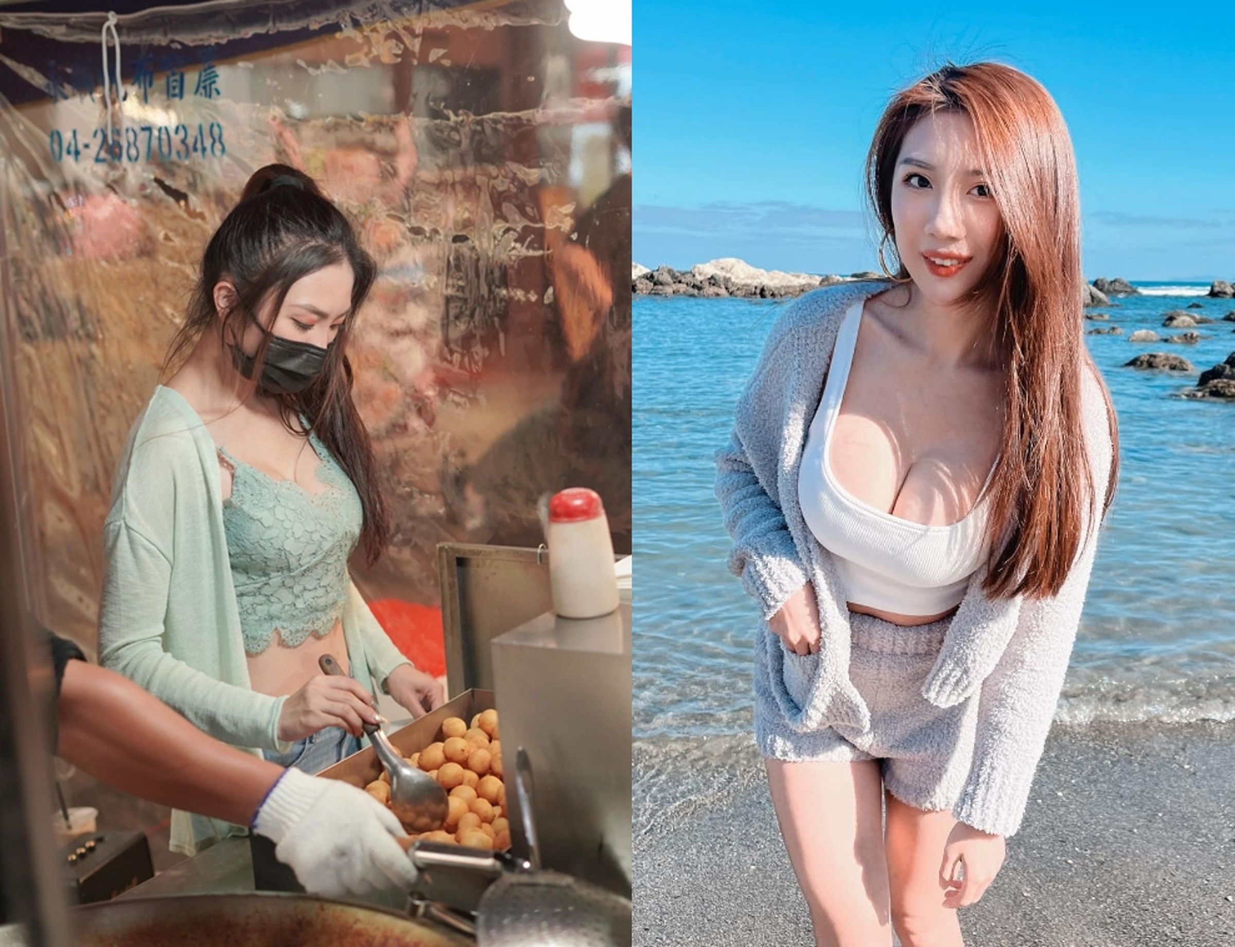 大甲地瓜球老闆娘Bella經常穿著清涼在熱鍋前炸地瓜球。(翻攝臉書粉專大甲手工地瓜球)