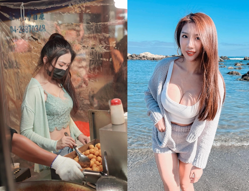 大甲地瓜球老闆娘Bella經常穿著清涼在熱鍋前炸地瓜球。（翻攝臉書粉專大甲手工地瓜球）