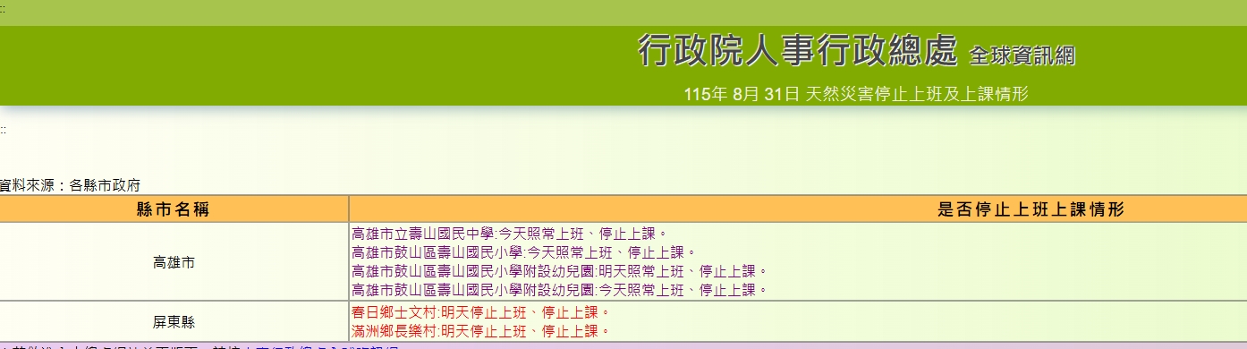 屏東2地因豪雨宣布明日停班停課。（翻攝自行政院人事行政總處官網）