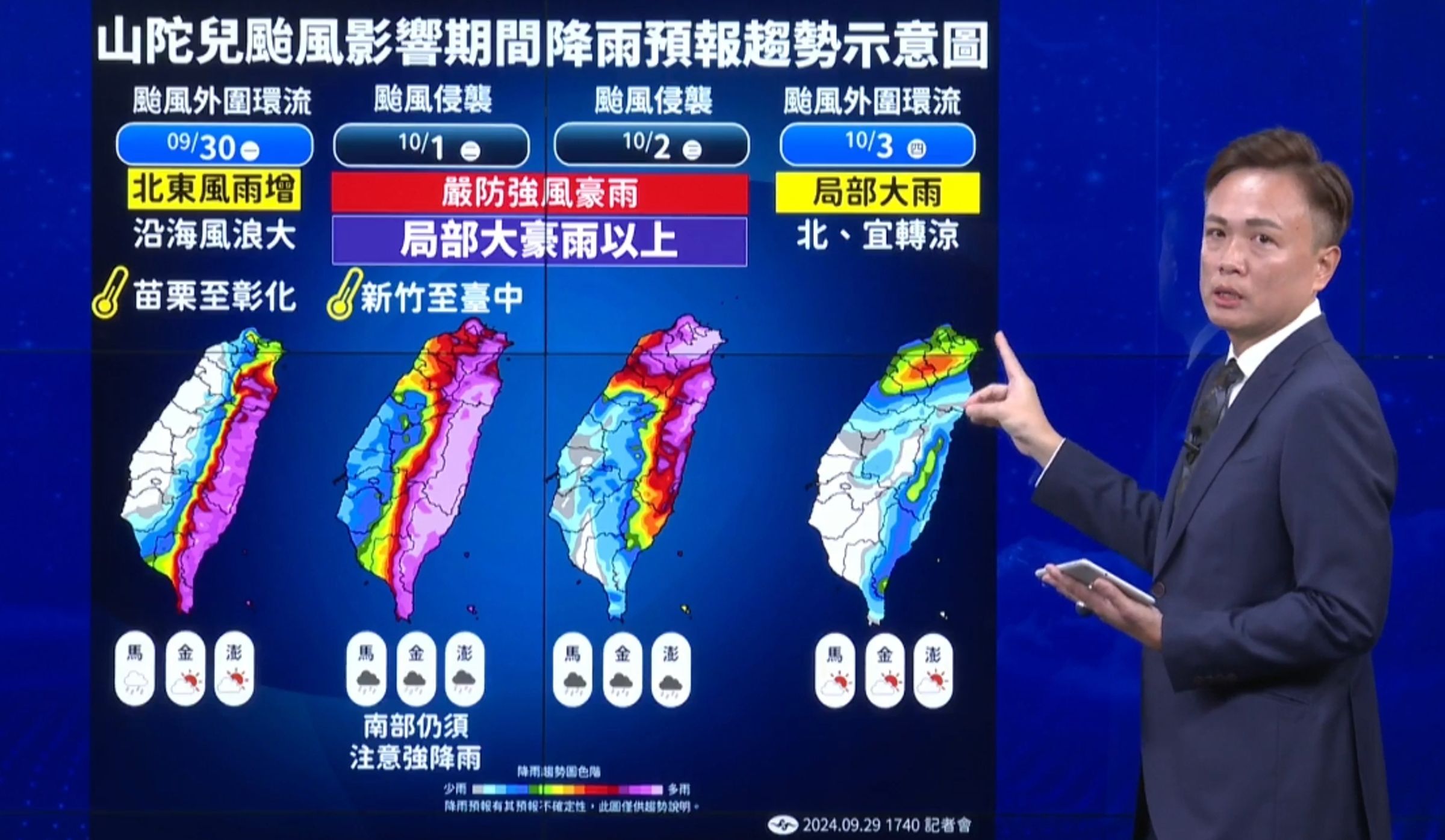 降雨方面，明天東半部下雨的頻率明顯比今天多，週二（10月1日）週三（10月2日）是颱風最接近台灣的時候，各地要嚴防強風豪雨。（翻攝自中央氣象署直播）