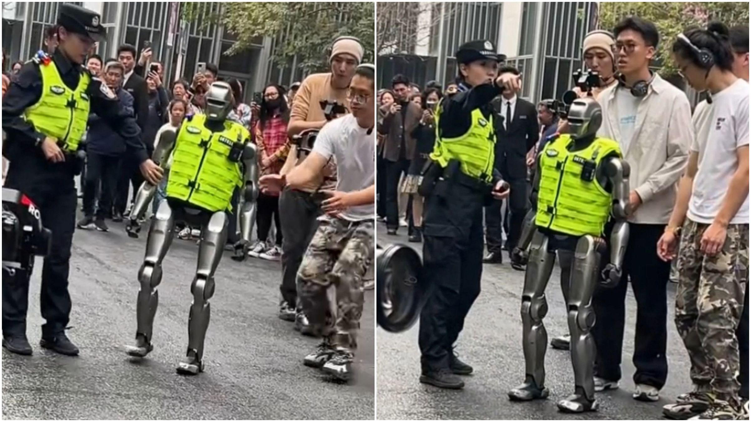 中國機器人警察上街巡邏險滑倒,陪同女警變「看護」攙扶。(翻攝抖音)