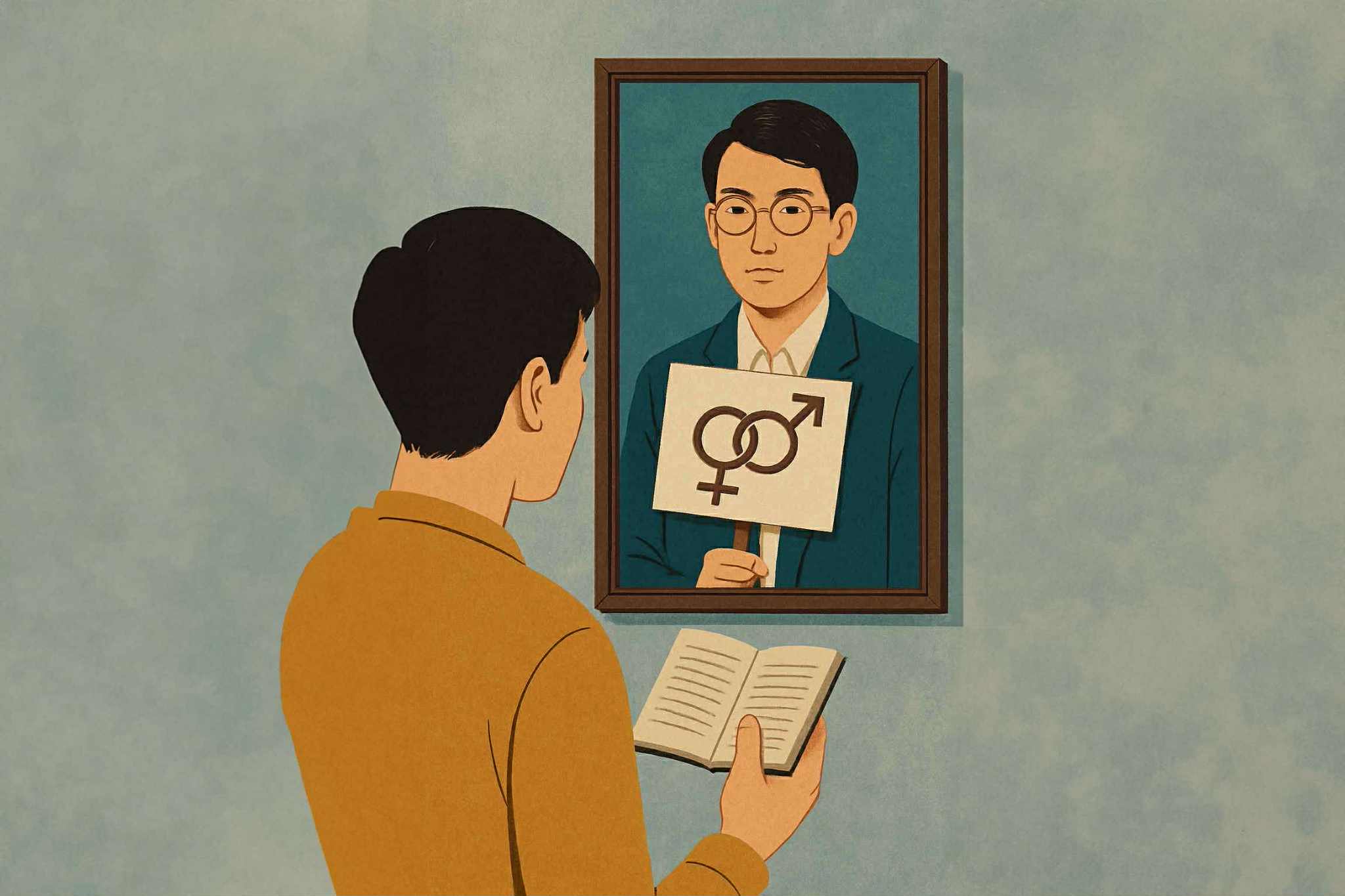 韓國社會對性別議題仍然相當保守。同志作家不敢在公開場合承認身份，就連馬光洙的《快樂莎拉》至今仍是禁書。（繪圖∕顏一立）