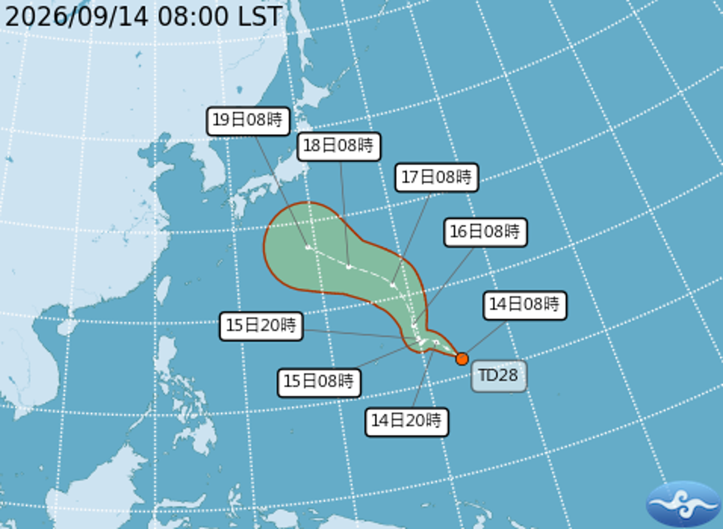 關島東方海面今日8時有熱帶低氣壓生成，最快明日白天增強為颱風「杜鵑」。（翻攝自中央氣象署官網）