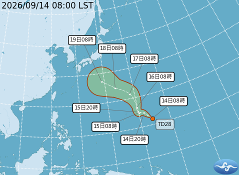 關島東方海面今日8時有熱帶低氣壓生成,最快明日白天增強為颱風「杜鵑」。(翻攝自中央氣象署官網)