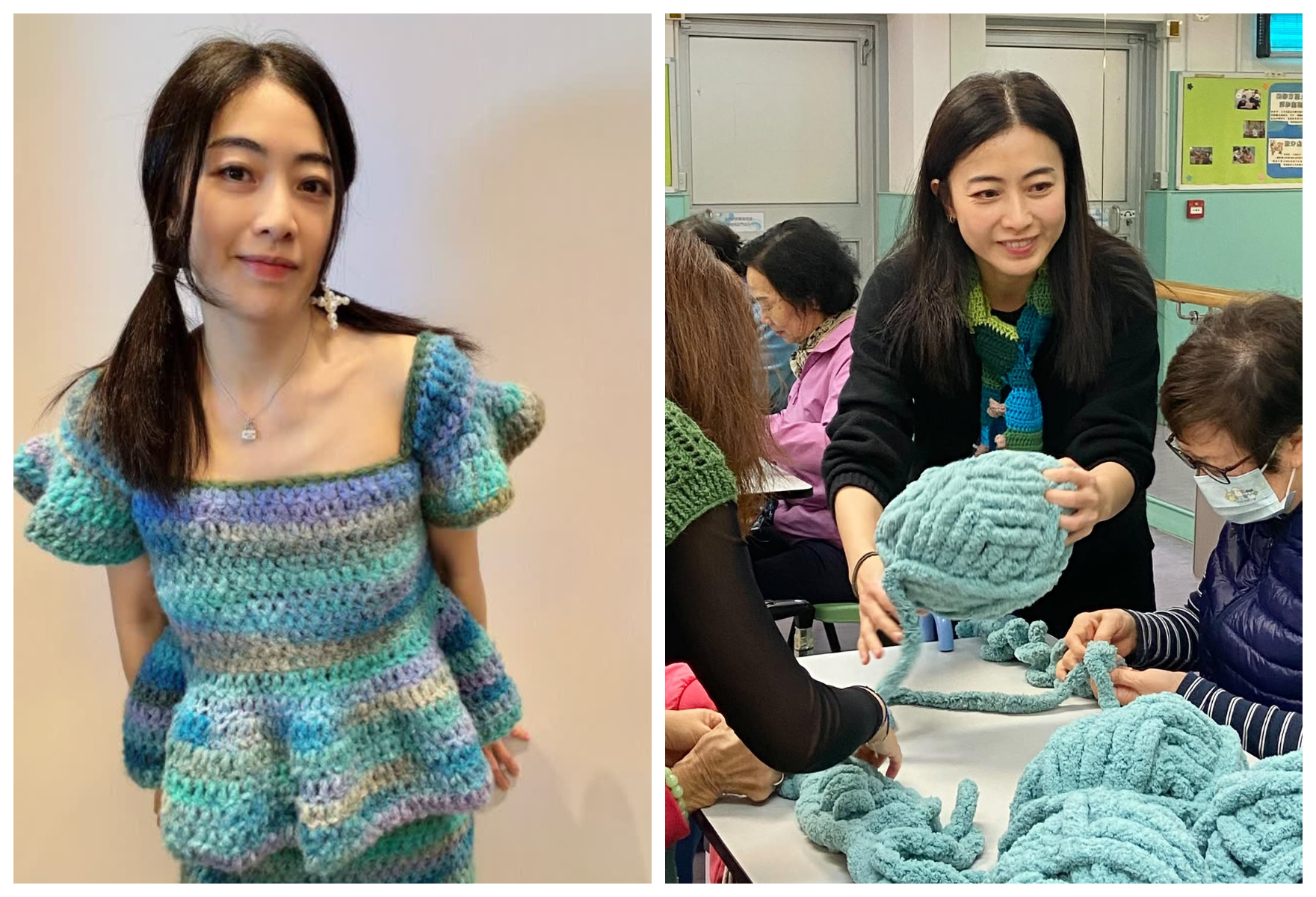 甘比熱愛編織，自己的衣服自己做（左圖）。她到長者中心，陪伴長輩們做手指編織。（右圖，翻攝甘比IG）