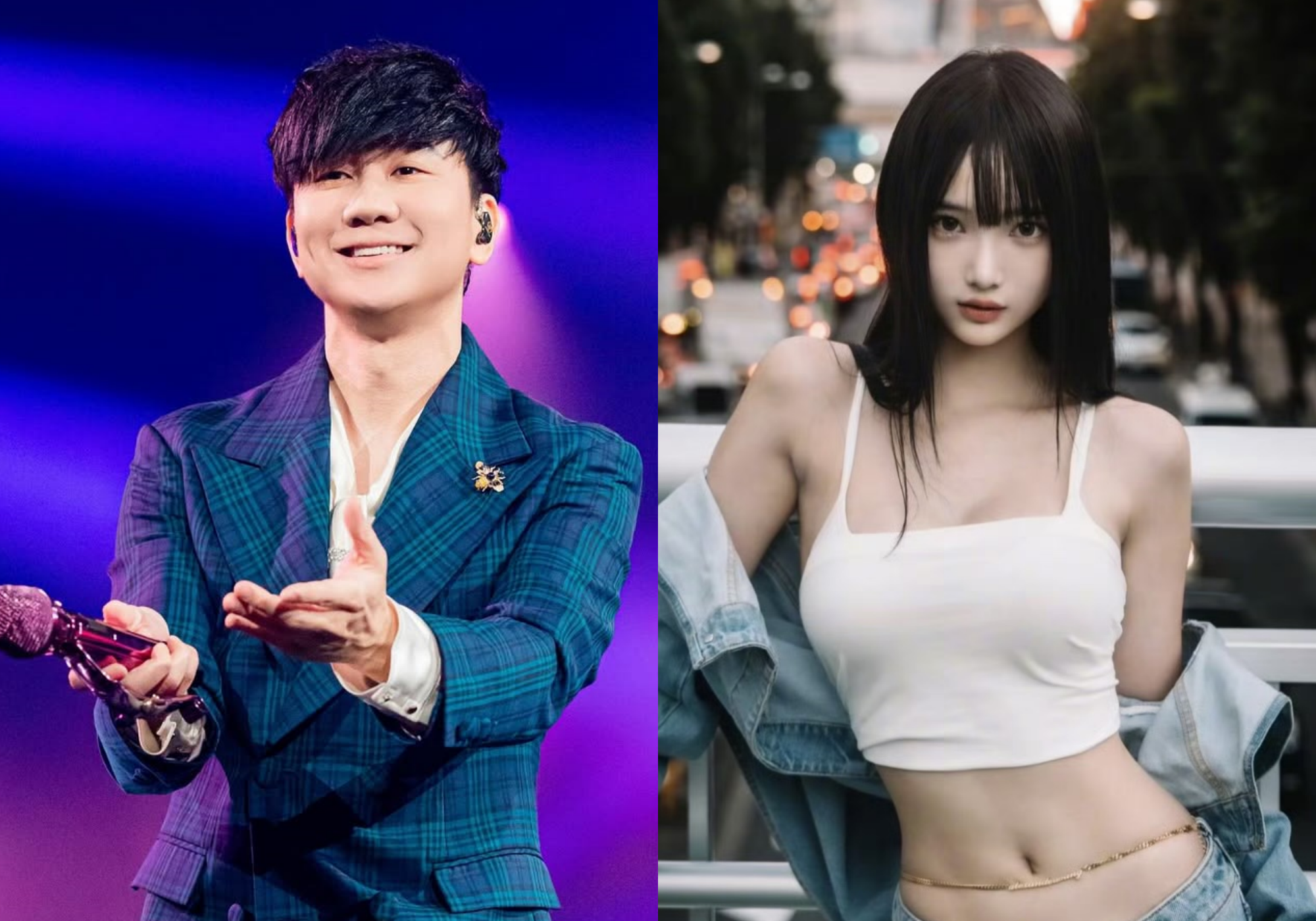 歌手林俊傑（左）認愛中國網紅七七（右）。（合成圖，左翻攝Instagram@JJLIN、右翻攝微博）