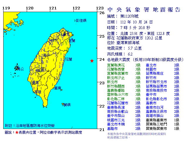 台灣東部外海24日上午發生芮氏規模6.2地震，全台有感。（中央氣象署提供）