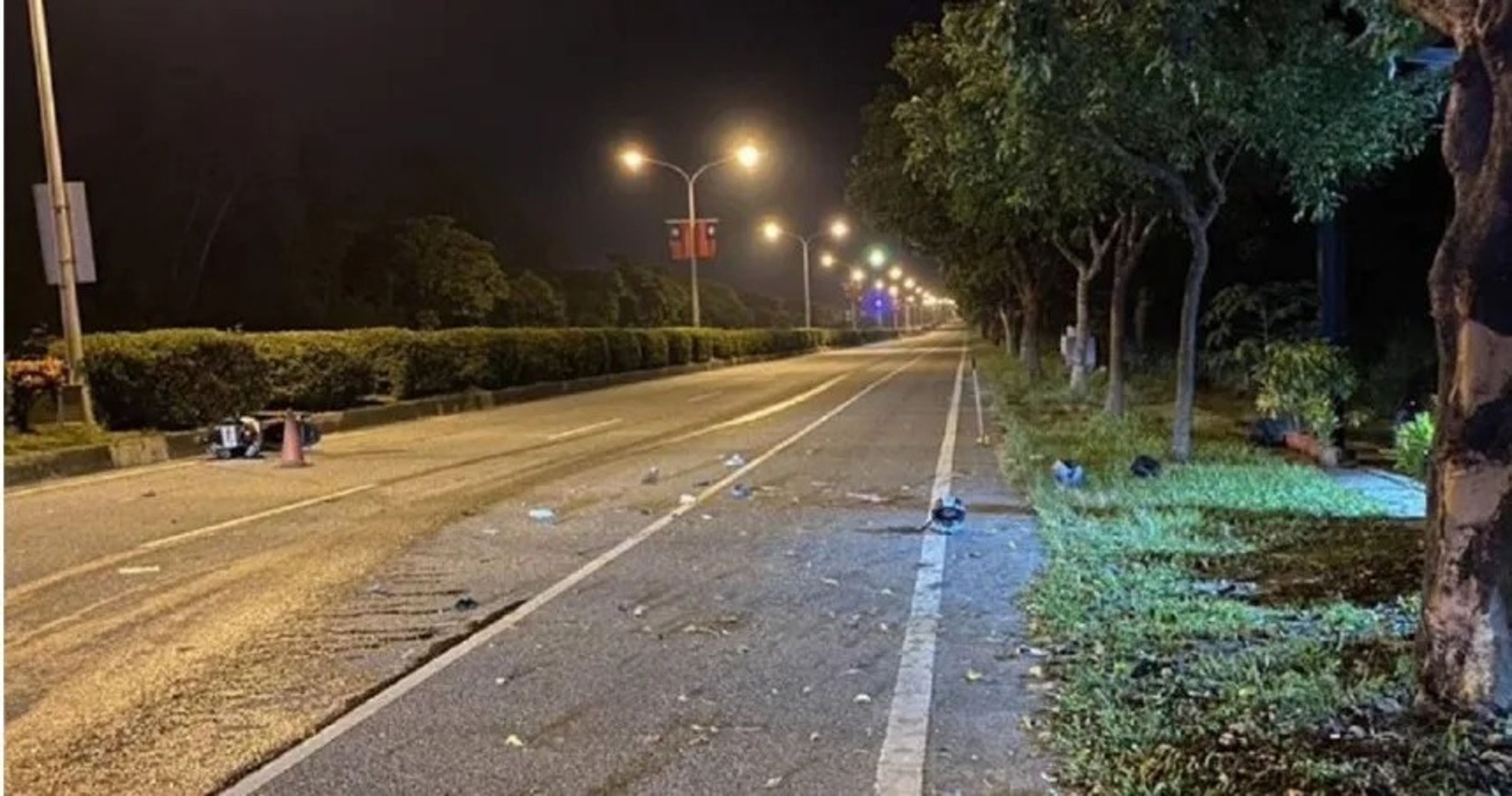 2名國立東華大學生騎車雙載時,不明原因自撞路樹當場噴飛,釀1死1傷。(翻攝畫面)