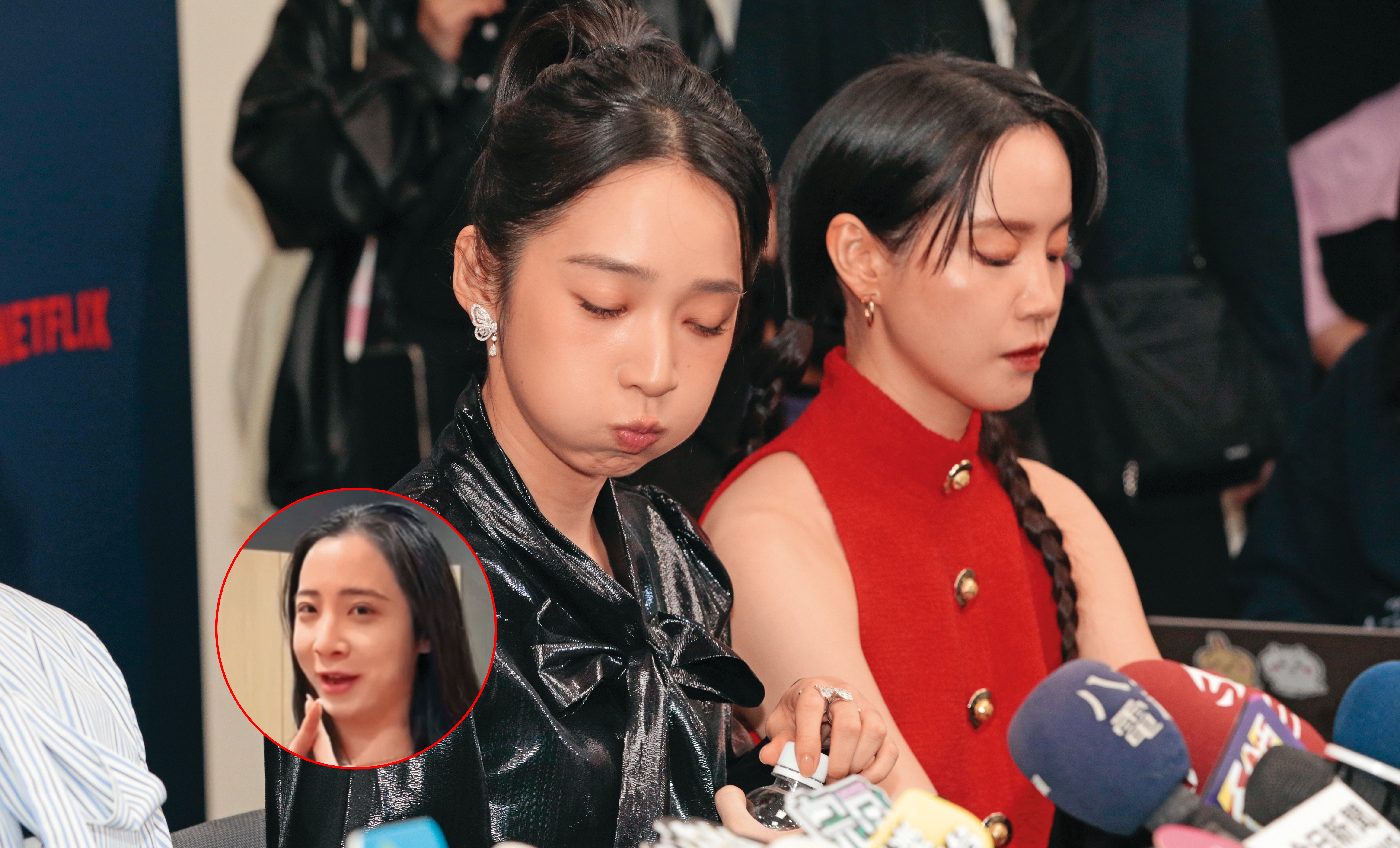 李沐（左）鼓著河豚臉，這樣就不像唐鳳或Fumi阿姨（小圖）了，好勾錐喔～右為程予希。