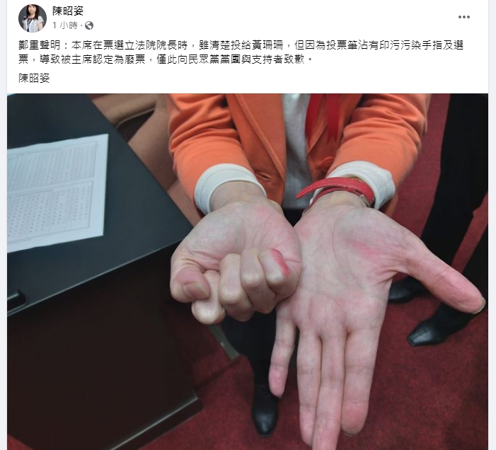 陳昭姿坦言爭議選票是她蓋的,並秀出手上的汙泥痕跡。(翻攝自陳昭姿臉書)