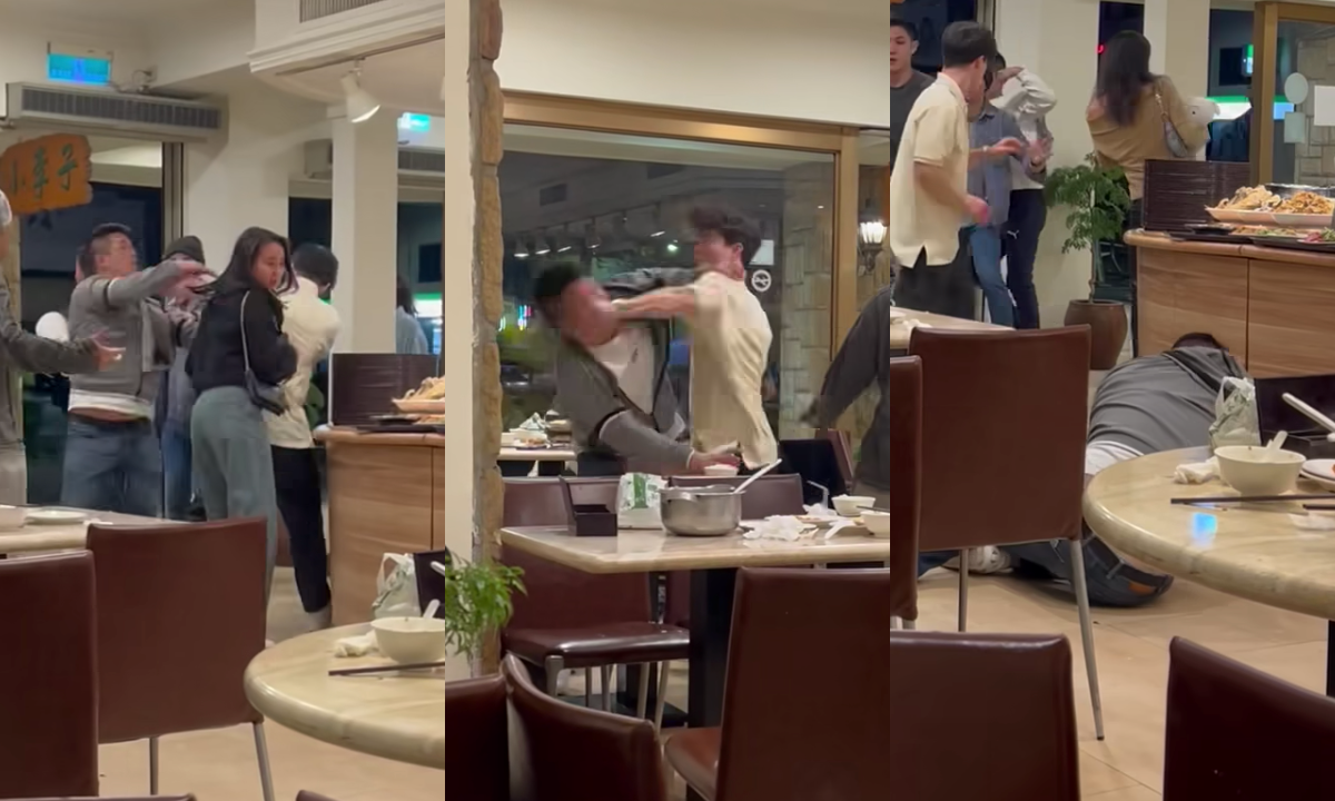 灰外套的刺青哥巴了米白衣男（左）後，被米白衣男一陣暴打（中），最後被甩在地上（右）。（翻攝自Yuuz Jo臉書）