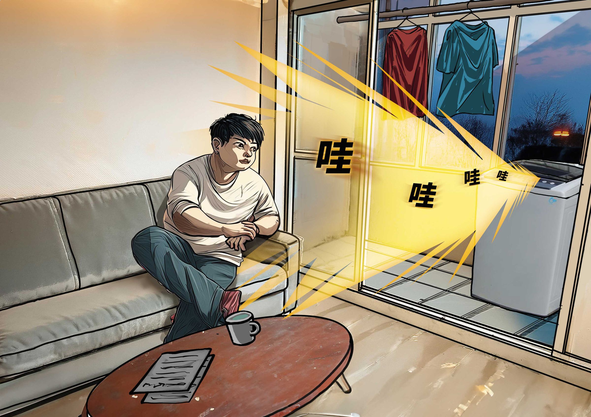 陳宏嘉將雙胞胎兒子塞進洗衣機、用毛毯覆蓋,雖然他們不斷哭叫,陳也無動於衷,導致2子窒息身亡。(AI繪圖Adobe Firefly生成,本刊美術組後製)