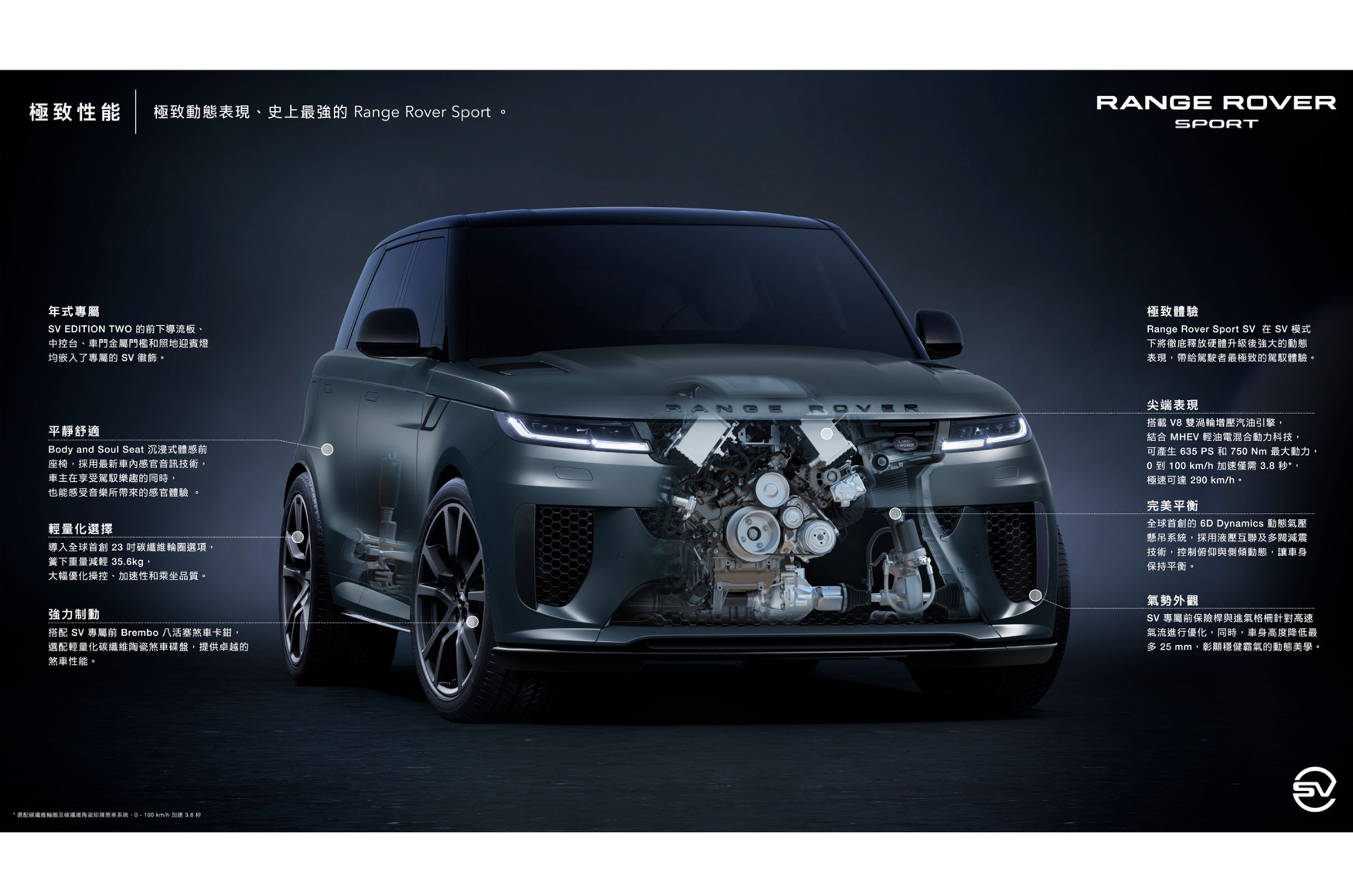 Range Rover Sport SV 以運動奢華為基調，透過 SVO 部門精心雕琢，憑藉其前所未見的強悍動態性能，在運動奢華的現代願景中樹立了全新標竿。