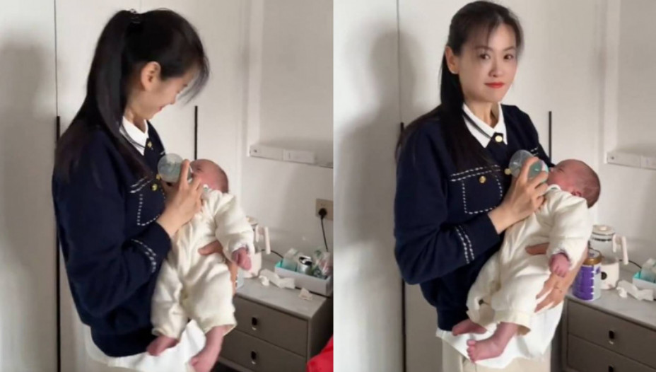 39歲的年輕奶奶幫忙媳婦帶小孩,溫柔餵孫子喝奶。(翻攝抖音)