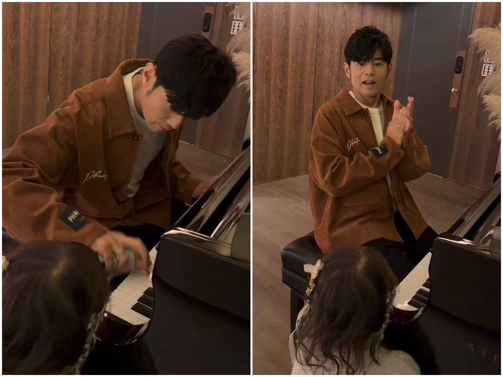 周杰倫牽著Jacinda的手彈下最後一個音,隨後睜大眼為女兒拍拍手。(翻攝周杰倫IG)