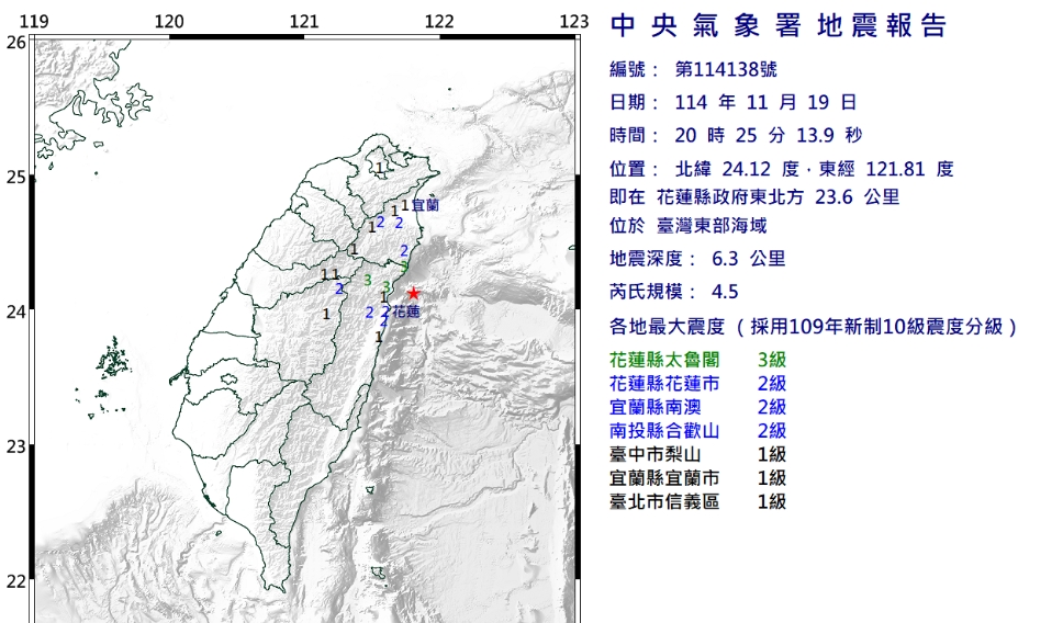 晚間地牛翻身。（取自氣象署官網）