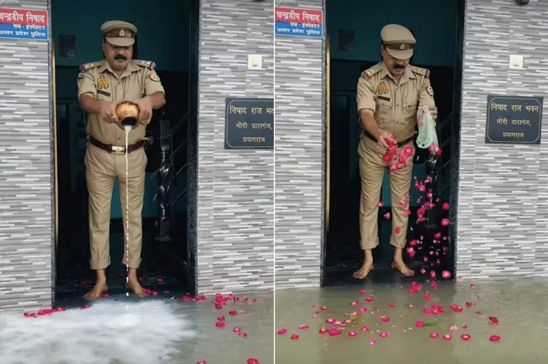 印度北方邦一名警察將洪水視為恆河神蹟，向水面灑花膜拜引熱議。（翻攝自IG）