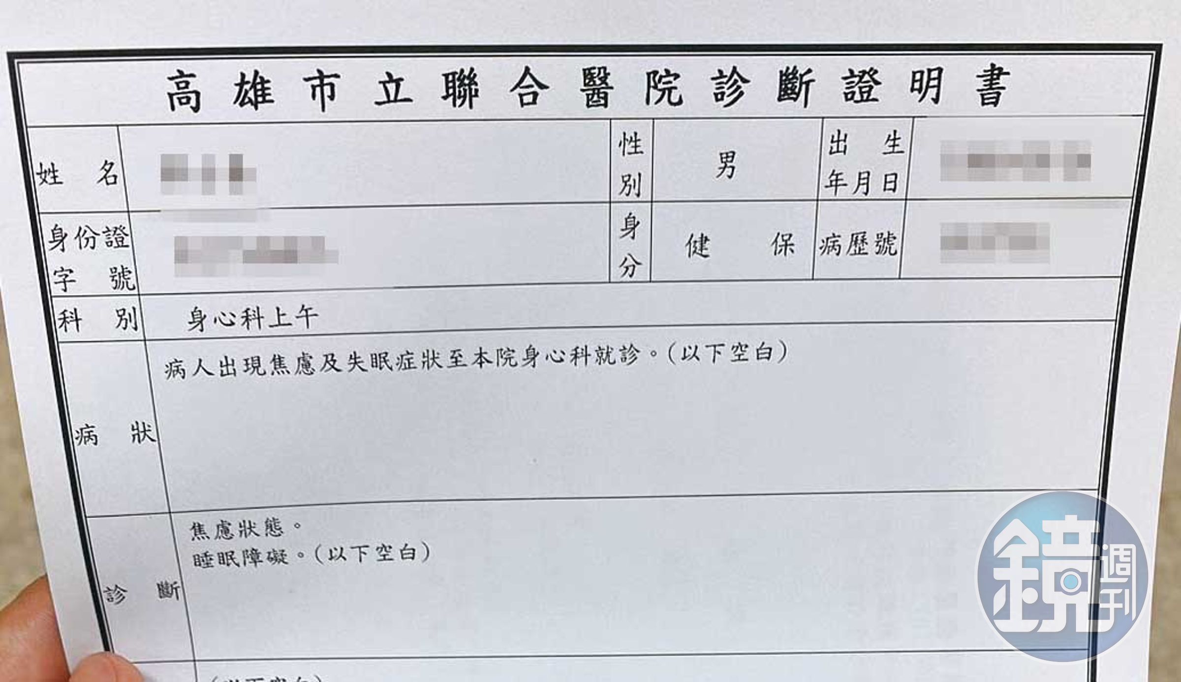 被性騷擾的Z先生事後又遭職場霸凌，並因此接受身心科治療。（讀者提供）