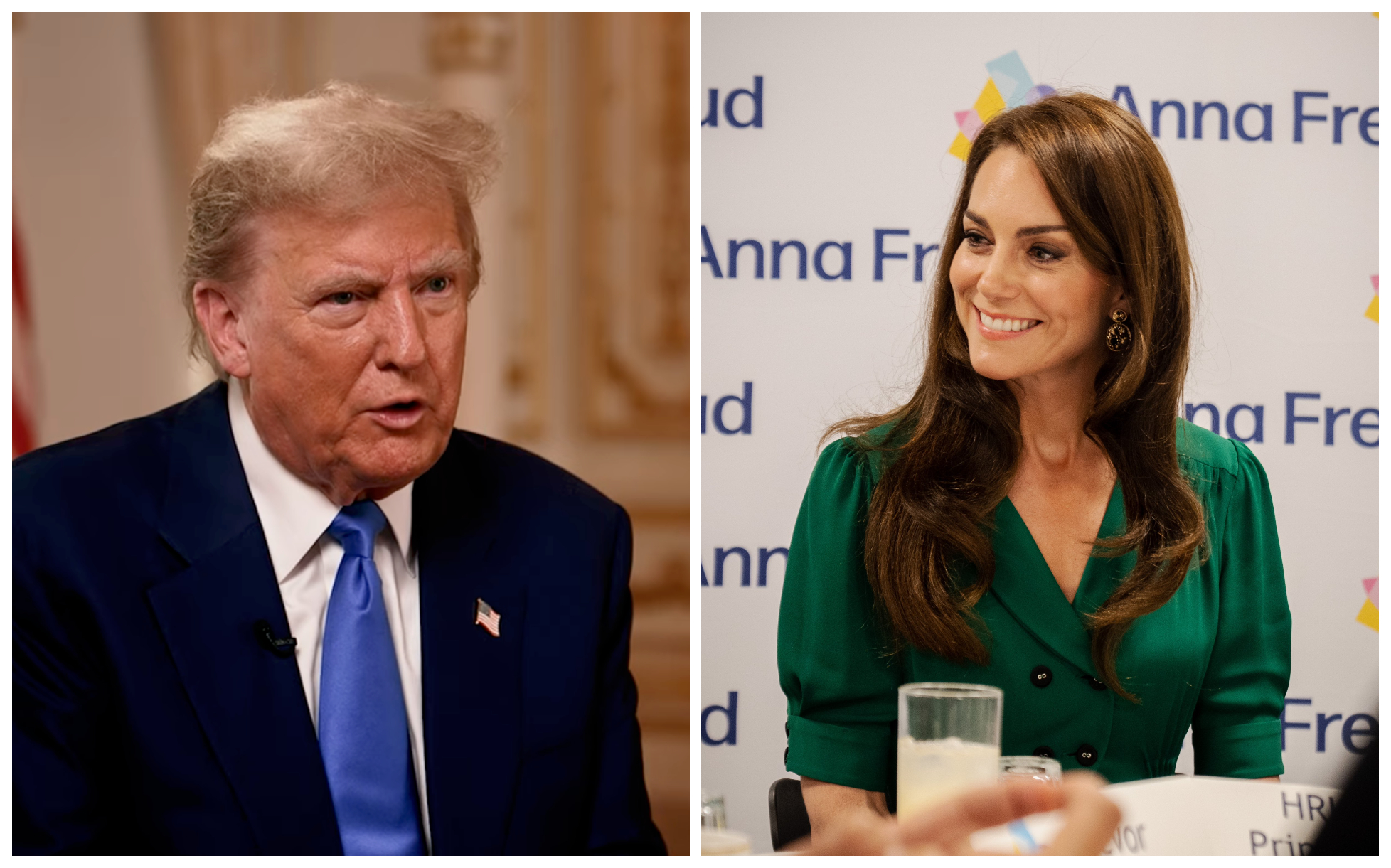 川普（左）覺得外界沒必要對凱特王妃（右）修圖感到那麼生氣，因為每個人都會修圖。（翻攝 GBNews YouTube頻道、X@KensingtonRoyal）