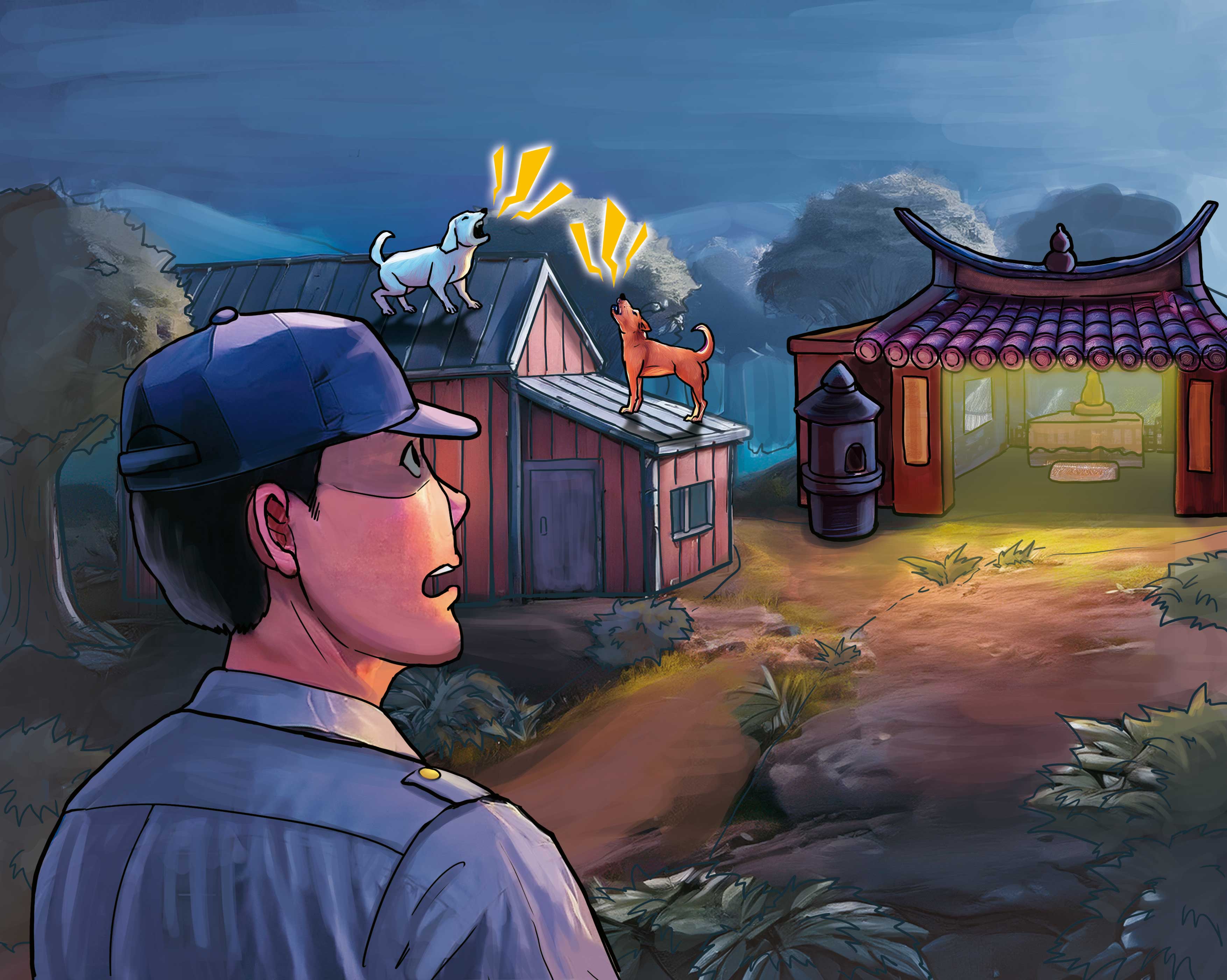 警方巡邏時，看到流浪狗在廟旁工寮的屋頂吹狗螺，意外發現廟婆被殺。（示意畫面，AI繪圖Adobe Firefly生成，本刊美術組後製）