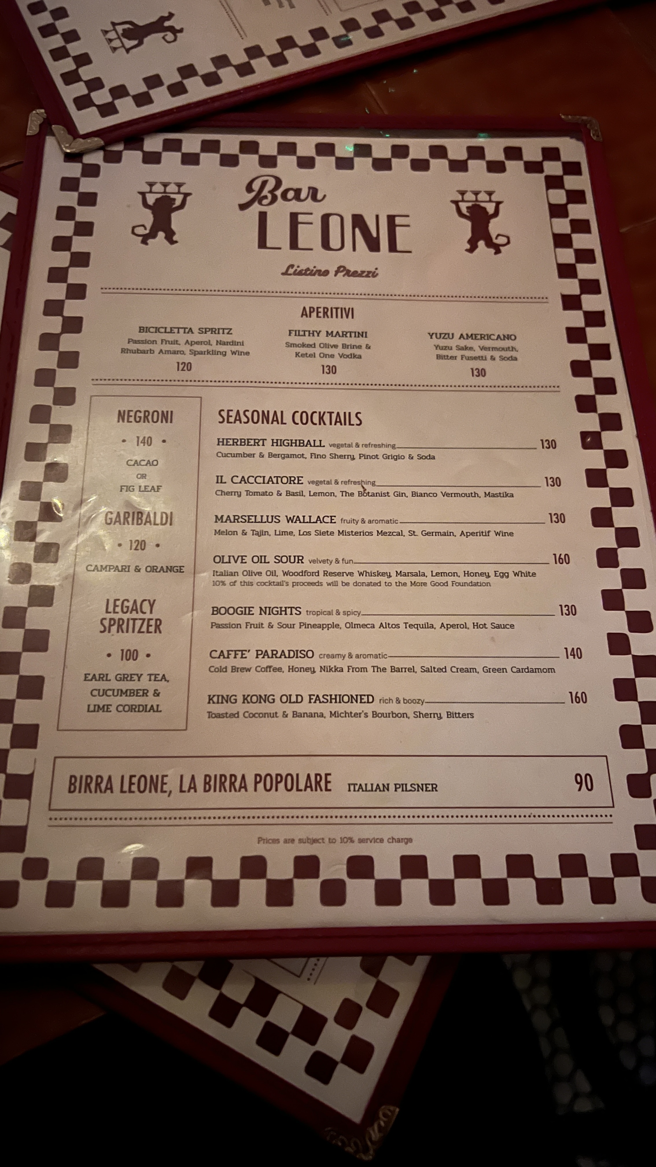 Bar Leone的酒單非常簡單,只有一頁。