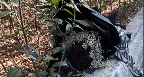 一束包裝浪漫精緻的黑色玫瑰花配上滿天星點綴，卻被遺棄在公園路旁的草叢中。（翻攝自臉書 @路上觀察學院）