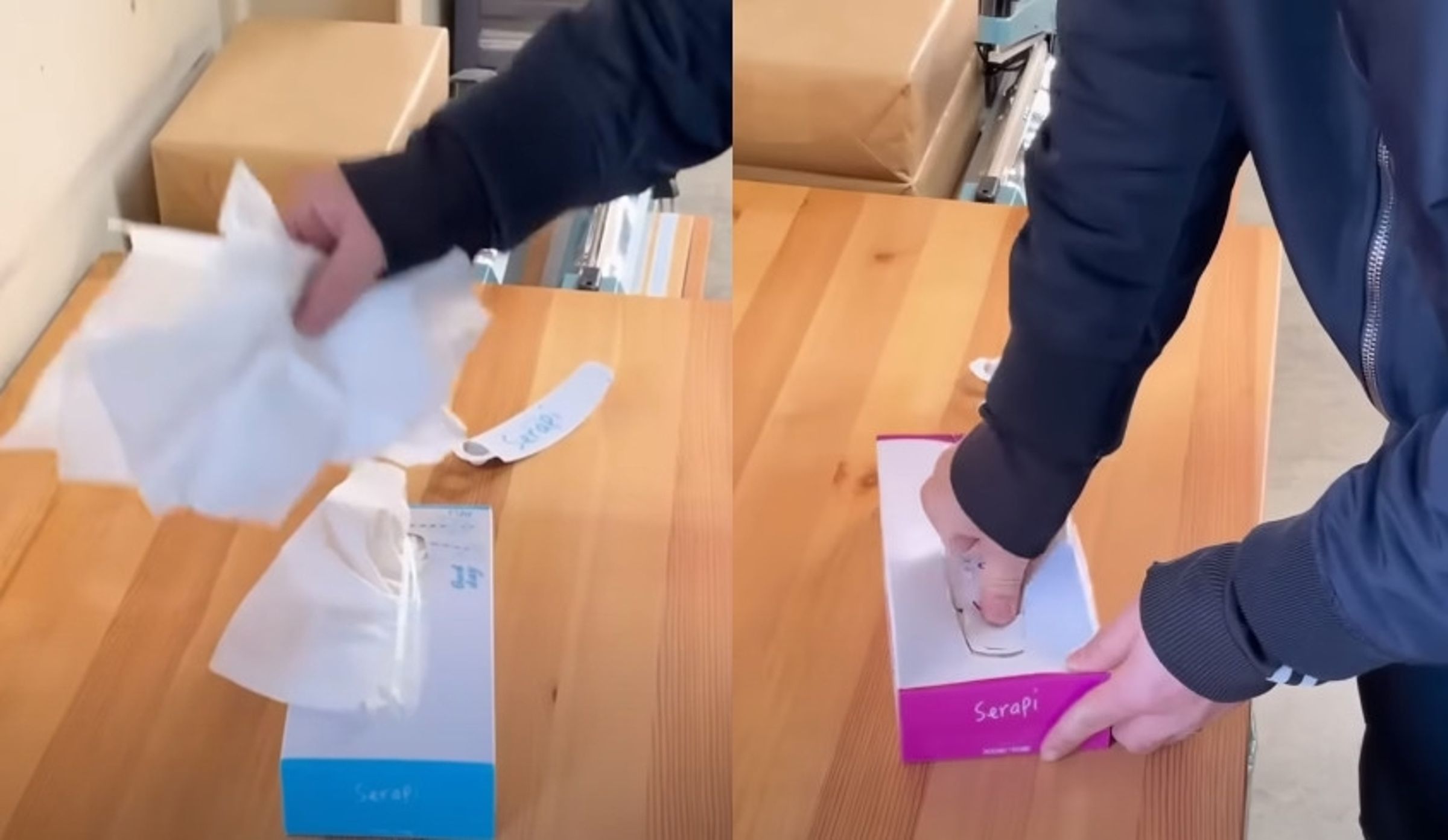 打開包裝之前，可以用手指在開口處來回按壓，或者將衛生紙輕輕往下推，就能順利抽取衛生紙。（翻攝浜田紙業YT影片）